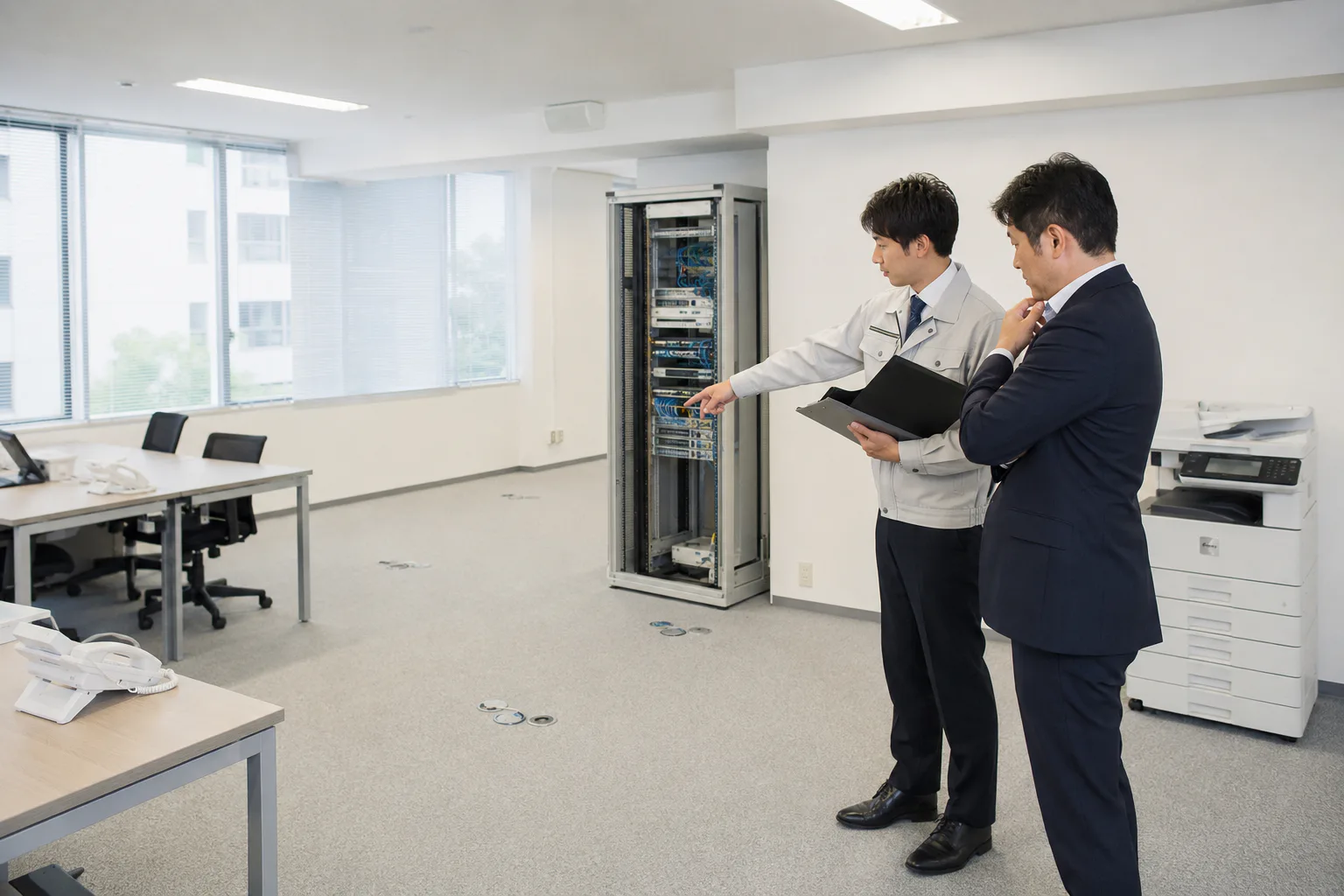 新設事務所でOA・IT環境を確認するスタッフ