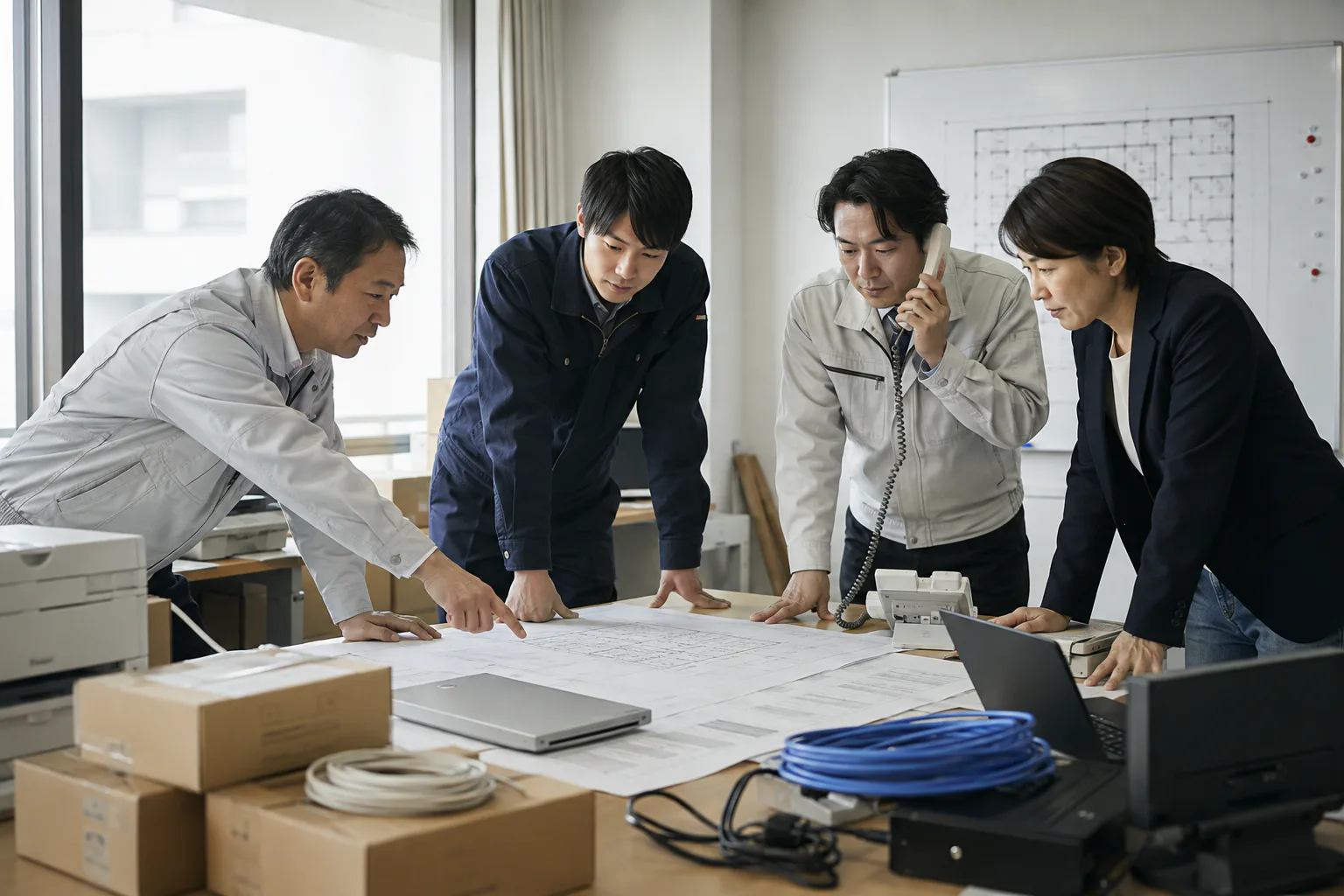 新設事務所の複数業者と工程を一つの窓口で整理するスタッフ