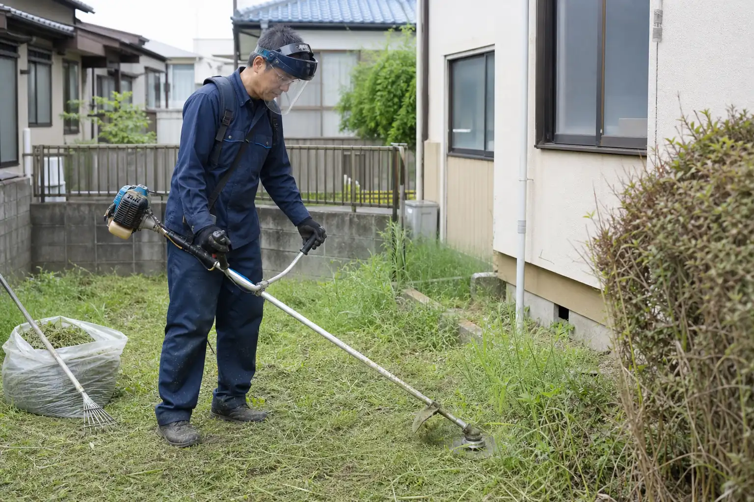 お客様のお庭で刈払機を使って伸びた草を刈るスタッフ
