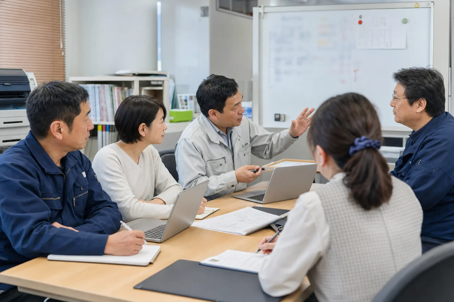 朝礼で集まり、その日の訪問先と作業の段取りを確認するスタッフ