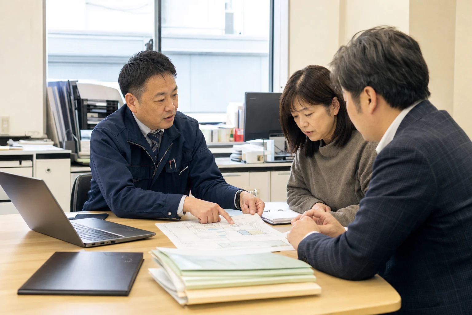事務所で図面を広げ、お客様と進め方を相談するスタッフ
