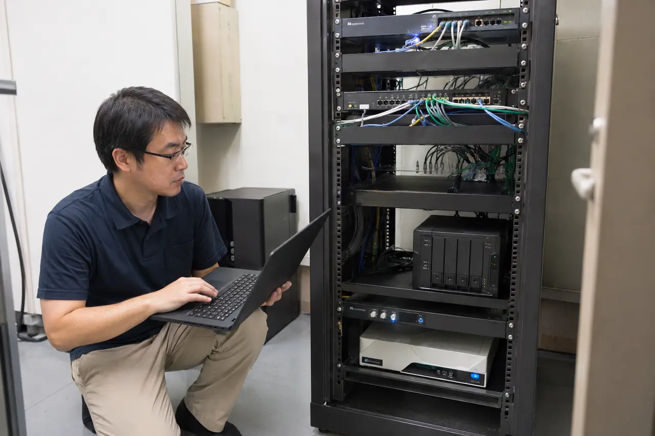 オフィスのネットワークを確認するスタッフ